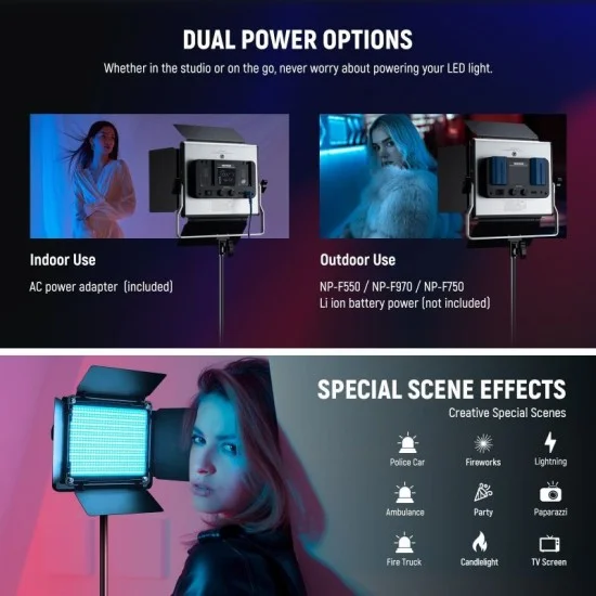 Enhanced video light with app control and stand kit, 2-pack, constant power 50W - Black
